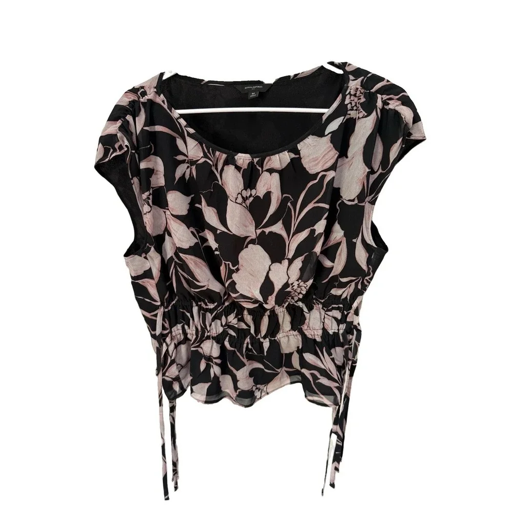 Banana Republic (Black and Blush Floral) Smocked-Waist Blouse Medium